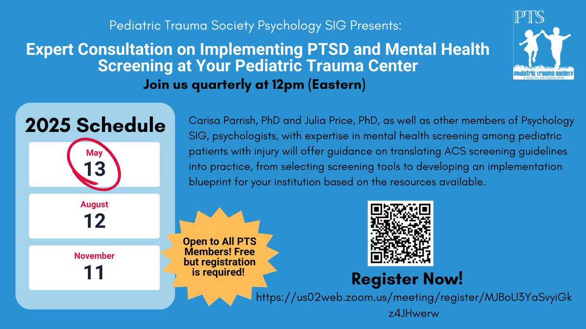 🚨 The 2025 PTS Psychology SIG Quarterly Consultation Webinars are here! 🚨

FREE for PTS members. Expert consultants will guide trauma centers on PTSD &amp; mental health screenings.

✅ Registration required: us02web.zoom.us/meeting/regist…

#PTS #Pediatrics #PediatricTrauma