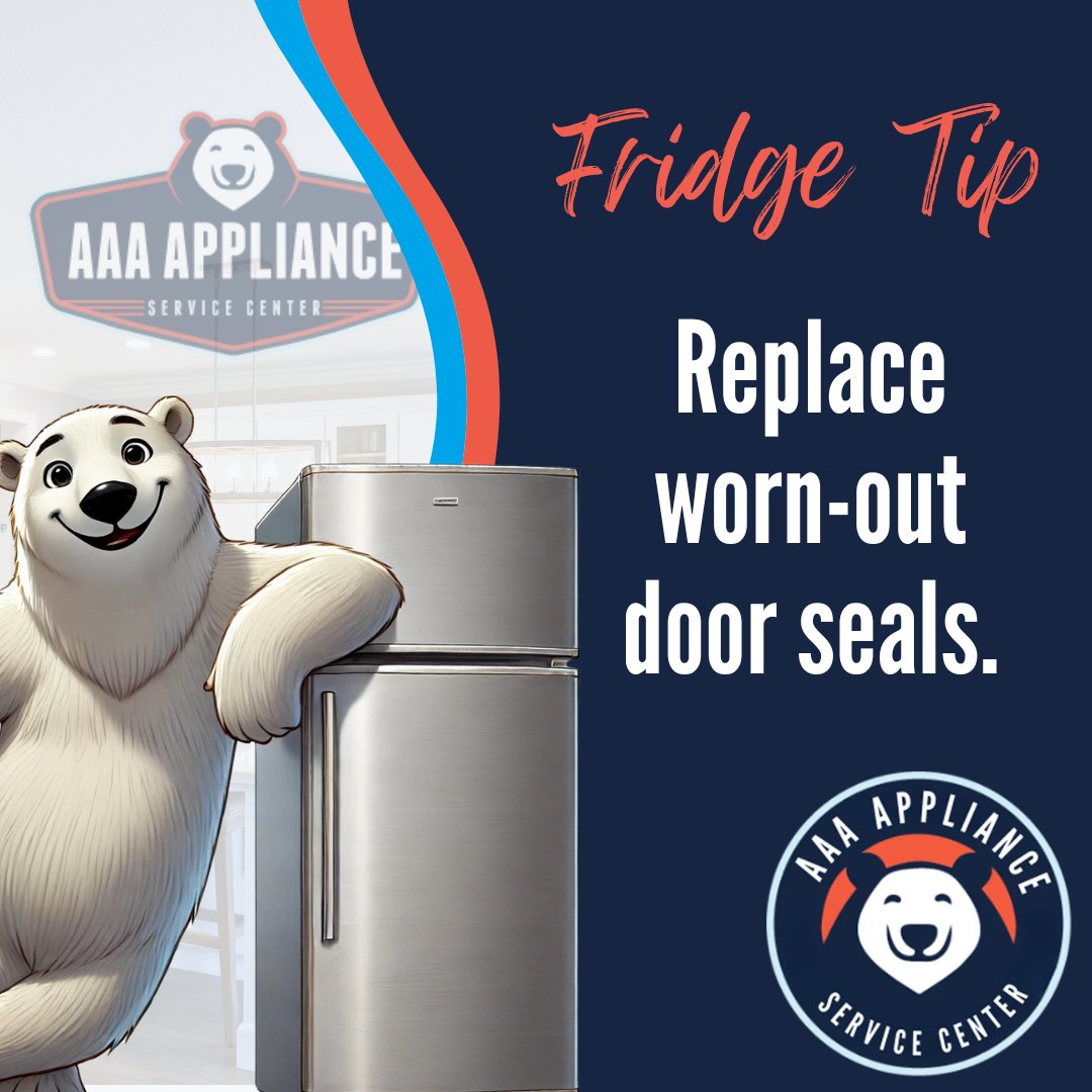 AAA_Service's tweet image. A worn-out fridge door seal can let cold air escape, making your fridge work harder and raising energy costs. Check and replace seals to keep food fresh and energy bills low! 

#AAAappliance #FridgeTips #HomeEfficiency