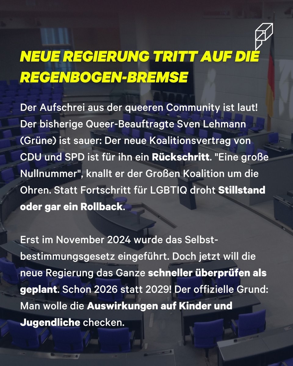 PRIDR_'s tweet photo. Sven Lehmann kritisiert den Koalitionsvertrag scharf – das Selbstbestimmungsgesetz wackelt, das Queer-Amt steht vor dem Aus. #groko #cdu #csu #spd #bundesregierung #merz https://t.co/xPaCe5SWaS
