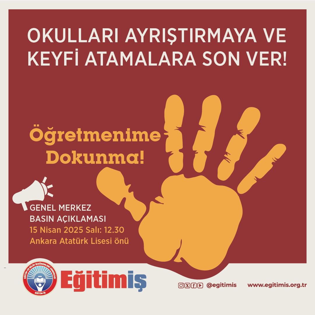 Okulları ayrıştırmaya ve keyfi atamalara son ver! Öğretmenime dokunma!

Eğitim-İş Genel Merkezi ve Ankara şubelerimizle 15 Nisan Salı, Saat 12.30’da, Ankara Atatürk Lisesi’nin, tüm Türkiye’de şubelerimizin belirlediği proje okullarının önündeyiz! 
Okulları proje, nitelikli ve