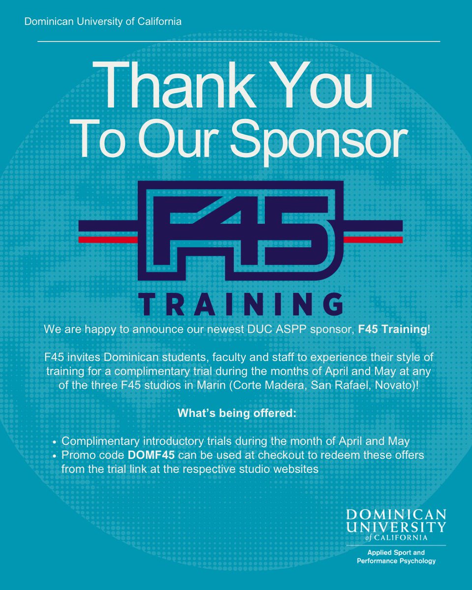 F45 Training is supporting DUC ASPP to bring you complimentary introductory trials for April and May at the Corte Madera, Novato and San Rafael locations!

Just use promo code DOMF45 at checkout to redeem your April and May offer! Links to register are available in our bio!