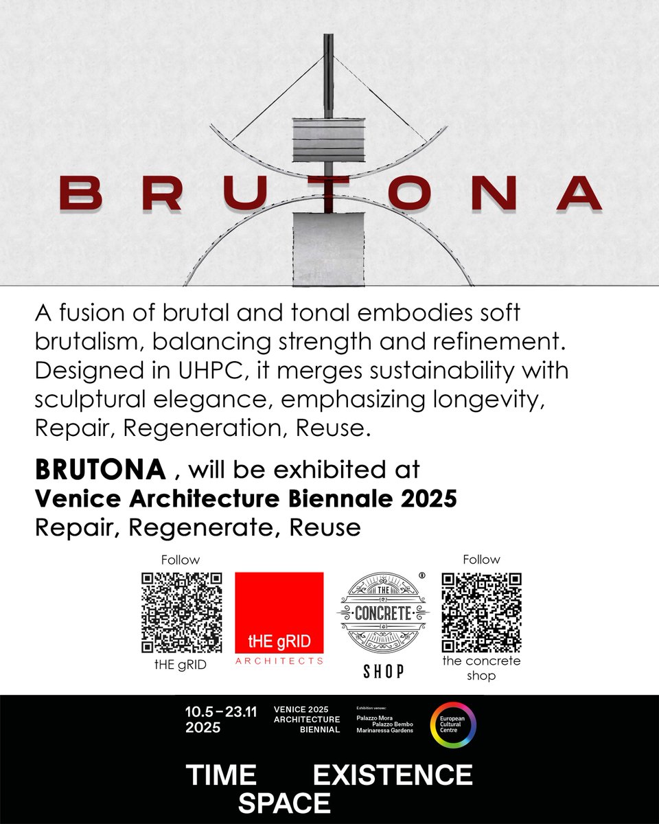 thegridarch's tweet photo. tHE gRID Architects at Venice Biennale 2025.
tHE gRID Architects has been invited to participate in TIME SPACE EXISTENCE 2025, an international Architectural exhibition organized by ECC (European Cultural Centre) Italy, held in Venice. @ecc_italy
@labiennale
BRUTONA - A dialogue between strength and fluidity. Hosted at Palazzo Mora, Gardens, the exhibition explores the theme Repair, Regenerate, Reuse — values that resonate deeply with how we think, design, and build.
We are deeply thankful to @concreteshopindia for their invaluable support and technical expertise and fine craftsmanship in shaping BRUTONA.
Our installation will be exhibited at Palazzo Mora, a beautiful 16th-century Venetian building known for its timeless charm, serene garden, and cultural significance.
Held every two years, Time Space Existence fosters dialogue among architects, universities, esteemed masters, emerging studios, established global firms, designers, artists, photographers, developers, and engineers, who together have a crucial role in shaping the future of how we live. Over 200 inspiring architects from around the world will present their work across two historical palazzos and outdoor spaces.
The exhibition is open daily from 10:00 to 18:00, closed on Tuesdays, from May 10 to November 23, 2025.
If you happen to be in Venice during the exhibition period, we warmly welcome you to visit.
More soon!!!!!!!
@ecc_italy
@labiennale
@snehal_thegridarchitects
 @bhadrisuthar
@concreteshopindia
 @thegrid_architects
 
#Brutona #VeniceArchitectureBiennale #TimeSpaceExistence #ECCItaly #TimeSpaceExistence2025 #RepairRegenerateReuse #BRUTONA #VeniceBiennale #tHEgRIDArchitects #SoftBrutalism #BRUTONA
#Venice #Architecture #Urbanism #Design #Art #Exhibition #biennalearchitettura2025 #venicearchitecturebiennale #architecturebiennale  #VeniceBiennale2025 #2025venicearchitecturebiennale #TheGridArchitects #sustainableliving #IncredibleIndia #BhadriSuthar #snehalsuthar #tHEgRIDArchitects #DesignWithPurpose