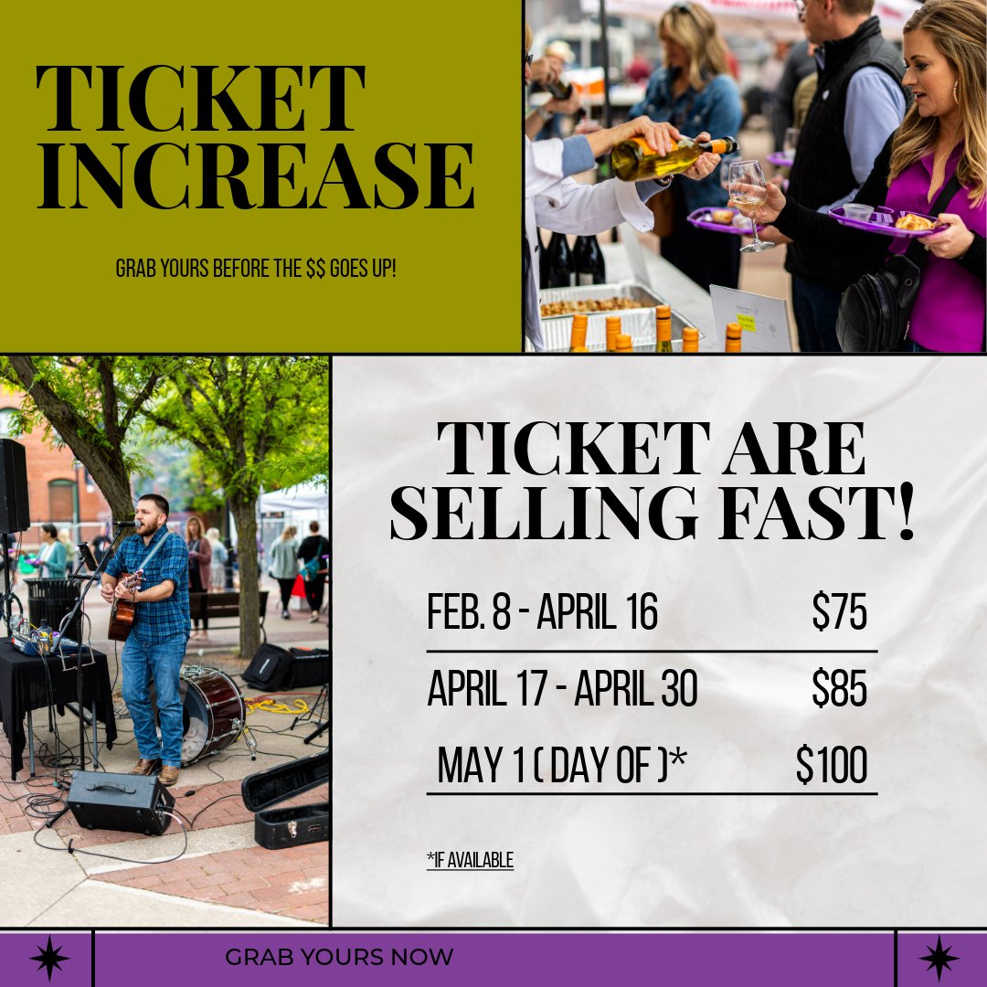 Ticket prices increase April 17! 🍷Buy yours before the $$ goes up!

Join us for Walkabout at Midwest Winefest on May 1. Get tickets now: MIDWESTWINEFEST2025.eventbrite.com

 #MidwestWinefest #TicketSales #WineTime #EventAlert #WineLovers