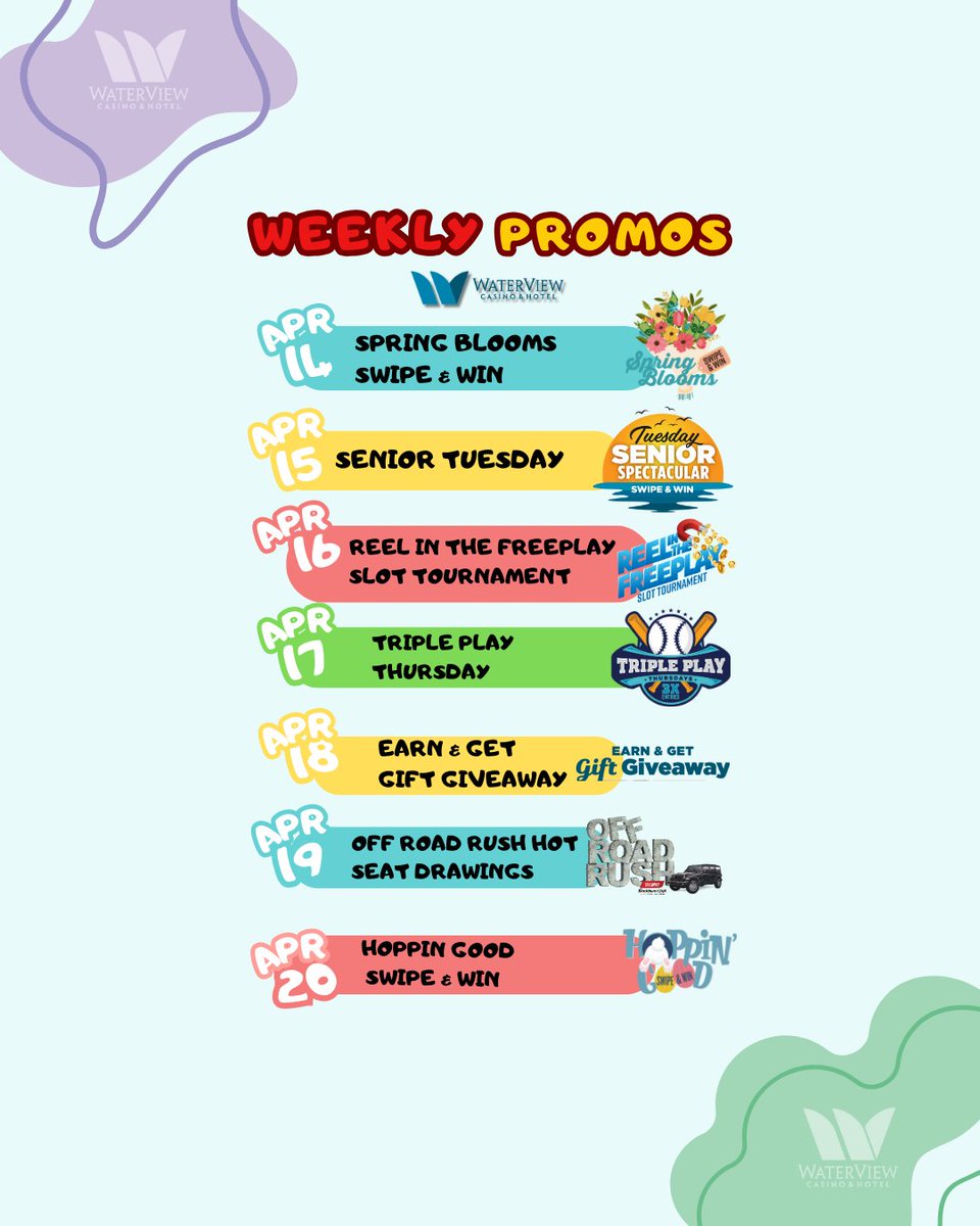 CasinoWaterview's tweet image. New week, new ways to win! 🎰
Check out the promo calendar and get in on FreePlay, hot seats, and more at WaterView Casino!

#WaterViewCasino #WeeklyPromos #PlayToWin #LoveYourView