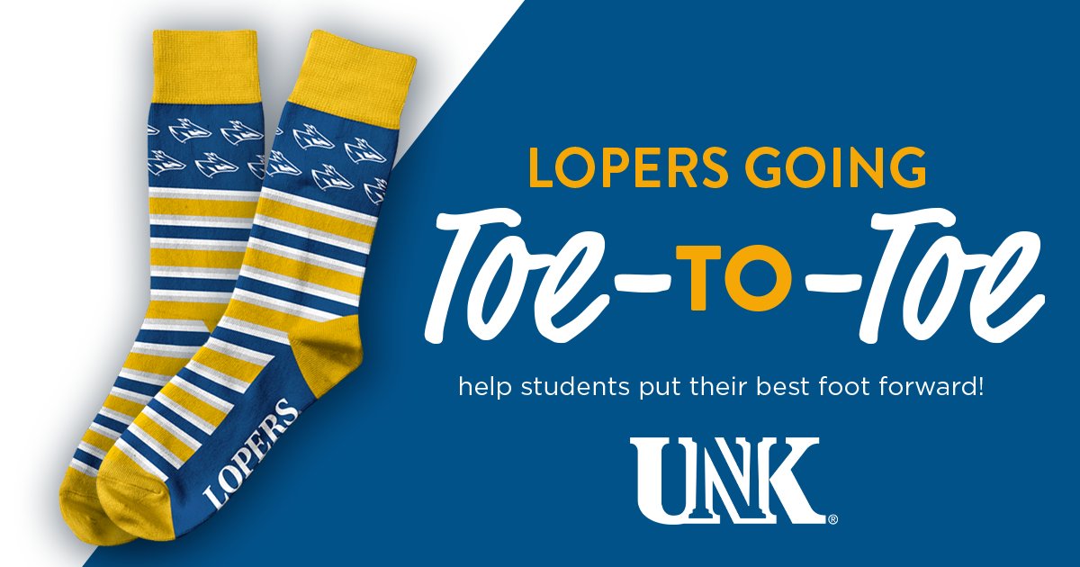 Want a pair of these exclusive Loper socks?

They're all yours after supporting our Lopers Going Toe-to-Toe Campaign, which supports UNK Student Health and Counseling, the Loper Pantry and Loper Success Hub! 

🔗 ow.ly/AN9950VA9SH