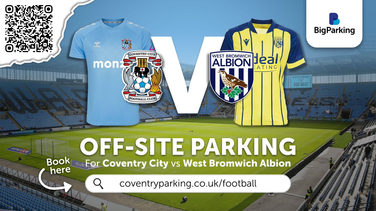 🔵Coventry City v West Brom🟡

Travelling to the CBS for <a href="/Coventry_City/">Coventry City</a> vs <a href="/WBA/">West Bromwich Albion</a> ? 

🚙Pre-book official off-site parking from a range of locations and avoid road closure traffic!

💨Choose P2 for the quickest escape straight onto the motorway after the final whistle.

Book now