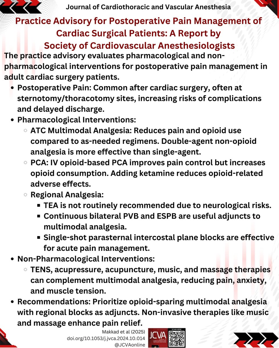 JCVAonline's tweet photo. 🚨New JCVA Practice Advisory🚨

💉 Managing Pain After Cardiac Surgery 💉

From IV PCA &amp; fascial plane blocks to TENS, acupressure, music &amp; massage

🔗 Read here: https://t.co/bnDe3V10b6
#cardiacanesthesia #ERACS #painmanagement #JCVA https://t.co/7oSF1TapEg