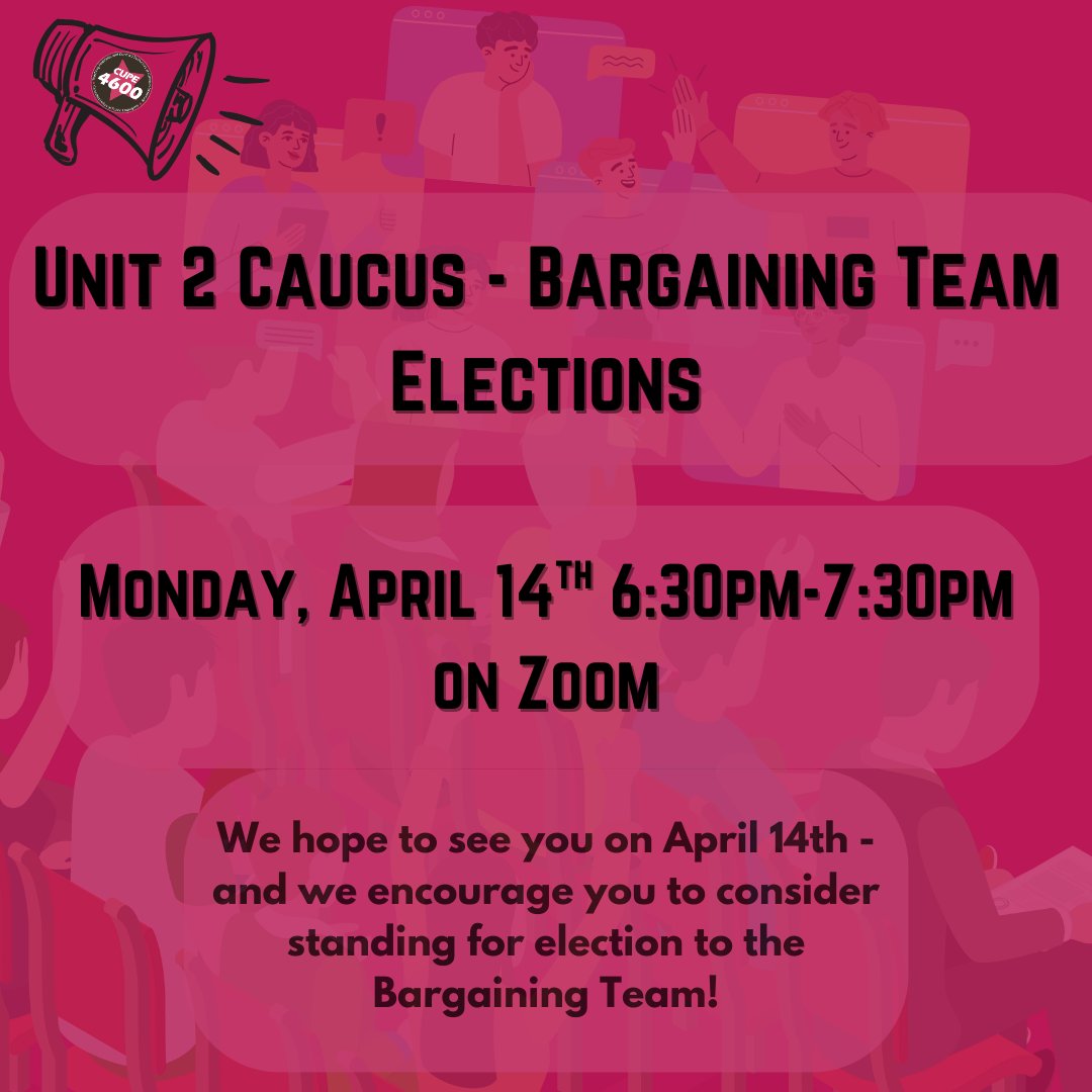 Reminder: Unit 2 Bargaining Team Elections today at 6:30pm on Zoom cupe4600.ca/event/unit-2-c…
