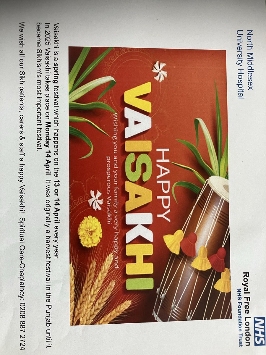 Wishing all our Sikh patients, carers and staff a happy Vaisakhi today at North Mid Hospital ⁦<a href="/HaringeyNCLICB/">NHS North Central London ICB – Haringey</a>⁩ ⁦<a href="/WeAreNorthMid/">We Are North Mid OD</a>⁩ ⁦<a href="/RoyalFreeNHS/">Royal Free London</a>⁩ ⁦
