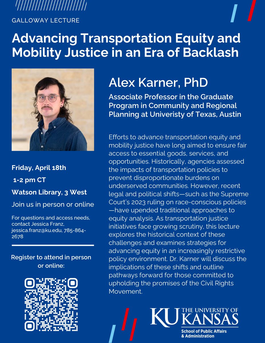 KUPublicAdm (@kuspaa) on Twitter photo Join Dr. Alex Karner at the Galloway Lecture for an insightful discussion on the future of equitable transportation policy.
π
 April 18 | 1-2 pm 
π Watson Library, 3 West | Virtual Option Available
RSVP now to be part of this critical conversation: hubs.la/Q03hcGW70 Join Dr. Alex Karner at the Galloway Lecture for an insightful discussion on the future of equitable transportation policy.
π
 April 18 | 1-2 pm 
π Watson Library, 3 West | Virtual Option Available
RSVP now to be part of this critical conversation: hubs.la/Q03hcGW70