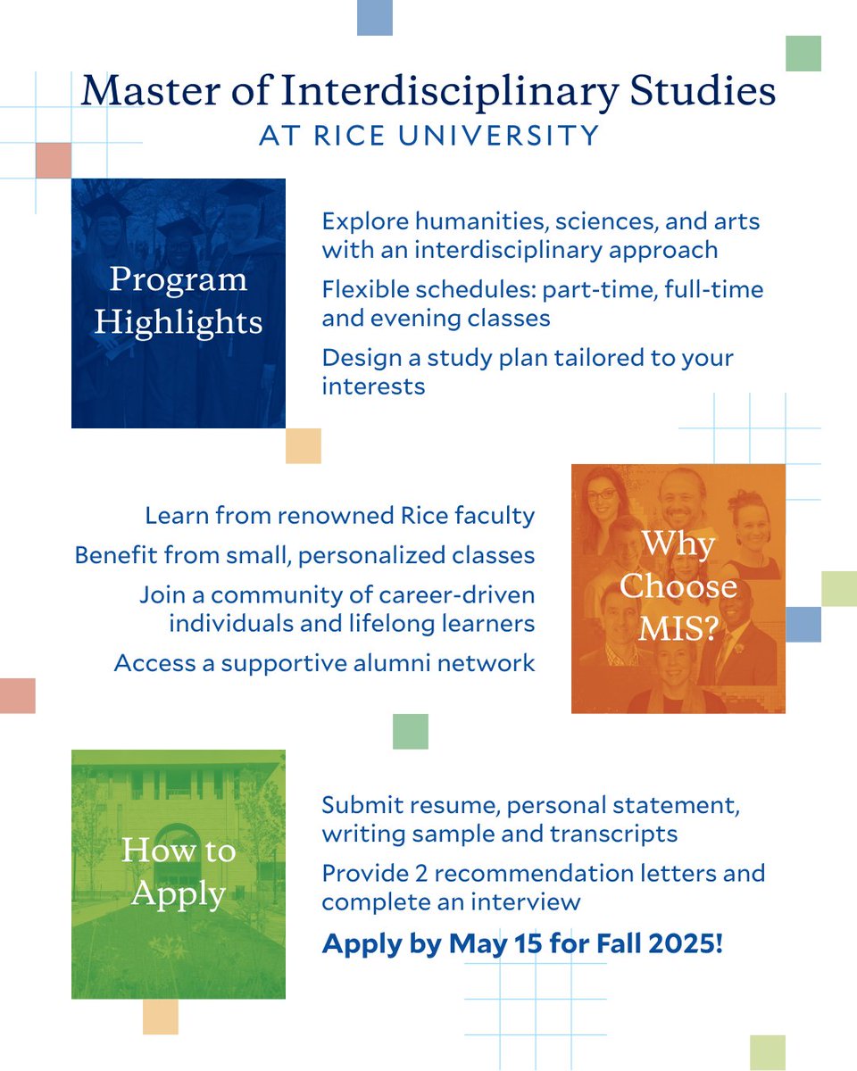 ContinueRice's tweet image. Time’s ticking! ⏳ Apply by May 15 for Rice University’s Master of Interdisciplinary Studies program this Fall. Transform your future through lifelong learning. Learn more &amp;amp; apply now: hubs.la/Q03hc9lY0 #interdisciplinarystudies #gradschool #RiceUniversity