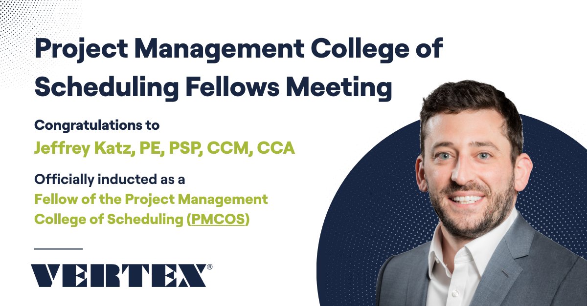 VERTEX411's tweet image. Big congratulations to Jeff Katz on being inducted as a Fellow of the PMCOS! At the 2025 Fellows Meeting in Nashville, he co-presented “Calendars and Constraints” with leaders from PMA Consultants and CPMI.
Learn more: bit.ly/4jBit2i
#ProjectScheduling #WeAreVERTEX