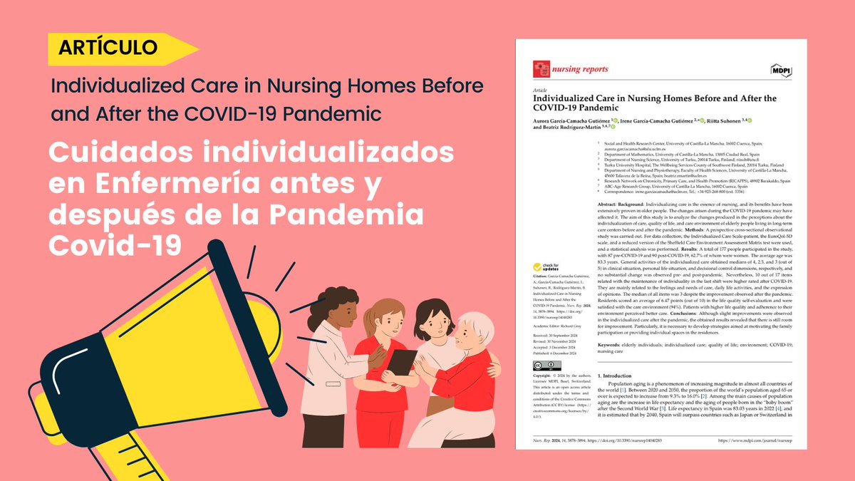🔔 Publicación de nuestra compañera Beatriz Rodríguez Martín.

"Individualized Care in Nursing Homes Before and After the COVID-19 Pandemic"
#nursinghomes #individualizedcare #COVID19

🔗🔓Enlace para leer el artículo completo: pmc.ncbi.nlm.nih.gov/articles/PMC11…