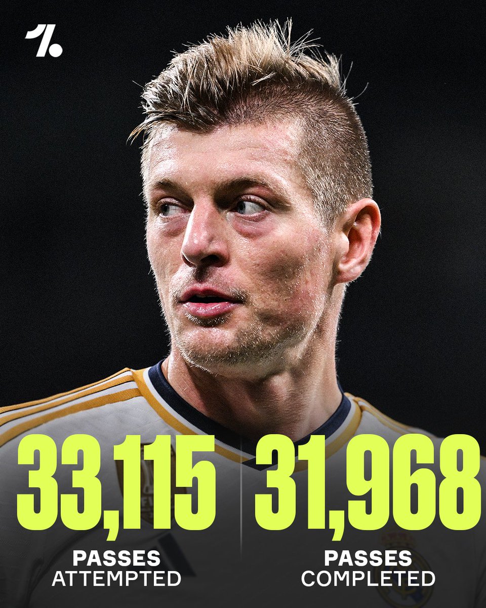 OneFootball's tweet image. Toni Kroos' only misplaced 1,147 passes during his entire Real Madrid career ๐คฏ๐ฏ