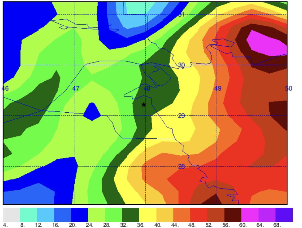 سرعه الرياح السطحيه و تأثير  الاحتكاك على سطح الأرض. الساعه ٩ مساء و الساعه ٣ الفجر. (cm/s)