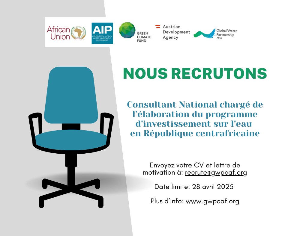 #Emploi #consultation
Le consultant national sera chargé d’élaborer un programme d’investissement sur l’eau pour la #RCA 🇨🇫englobant le plan d’investissement et sa stratégie de financement.

Date limite : 28 avril 2025

Plus d'info+TDR: shorturl.at/HaBRt
#AIP #eauetclimat