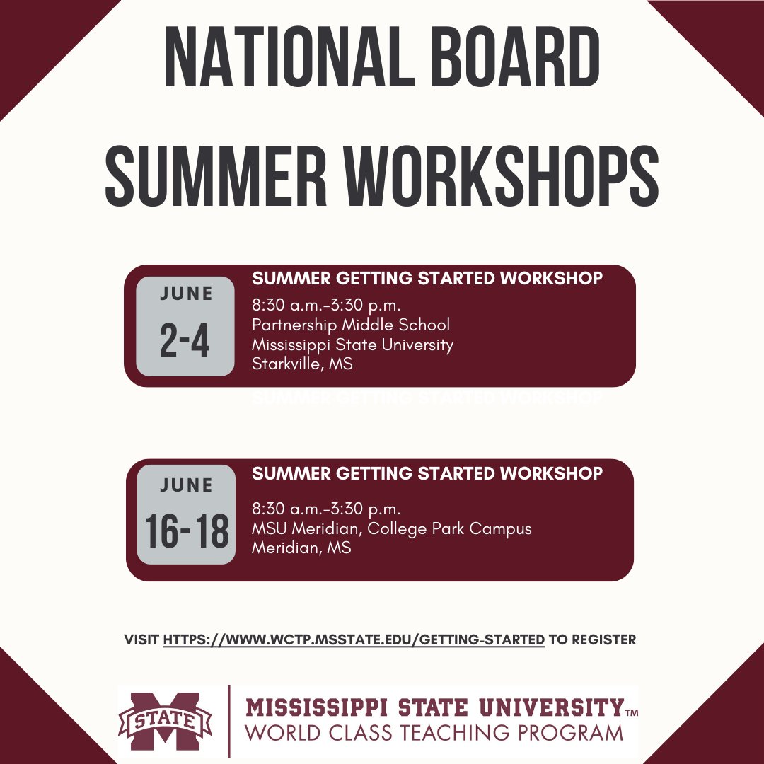 WCTPMSU's tweet photo. This summer is the perfect time to begin your journey to National Board certification! Registration is open for this summer's workshops. Visit https://t.co/n5P90s490Z for more information on the MSU World Class Teaching Program. https://t.co/iAvF1BvKs9