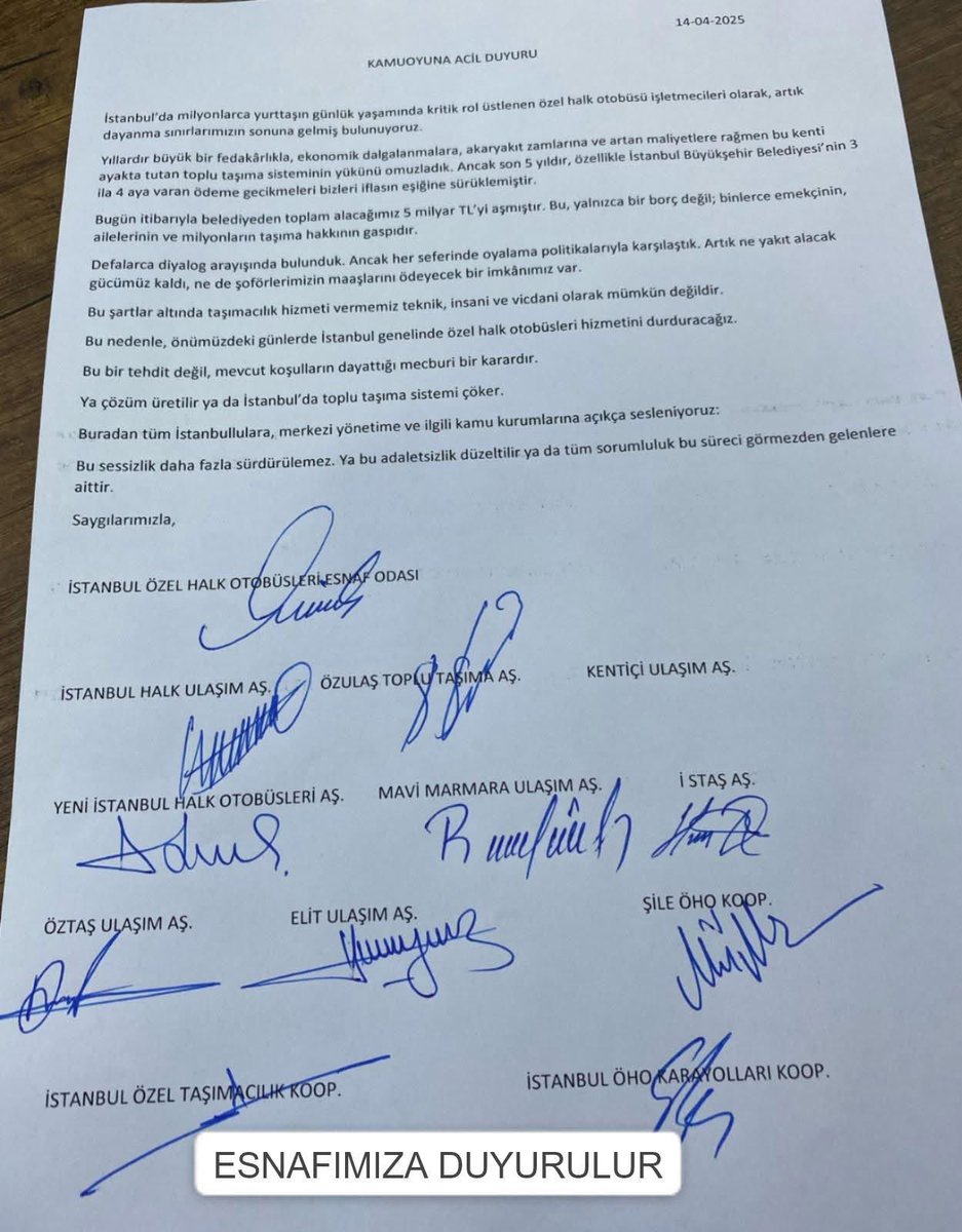 İstanbul Büyükşehir Belediyesi’ni soyup soğana çevirenler, Özel Halk Otobüsü sahiplerine ödeme yapmayınca borç 5 milyar TL’ye dayandı. ÖHO sahipleri, böyle giderse kontak kapatacaklarını belirten bir bildirge yayımladılar.