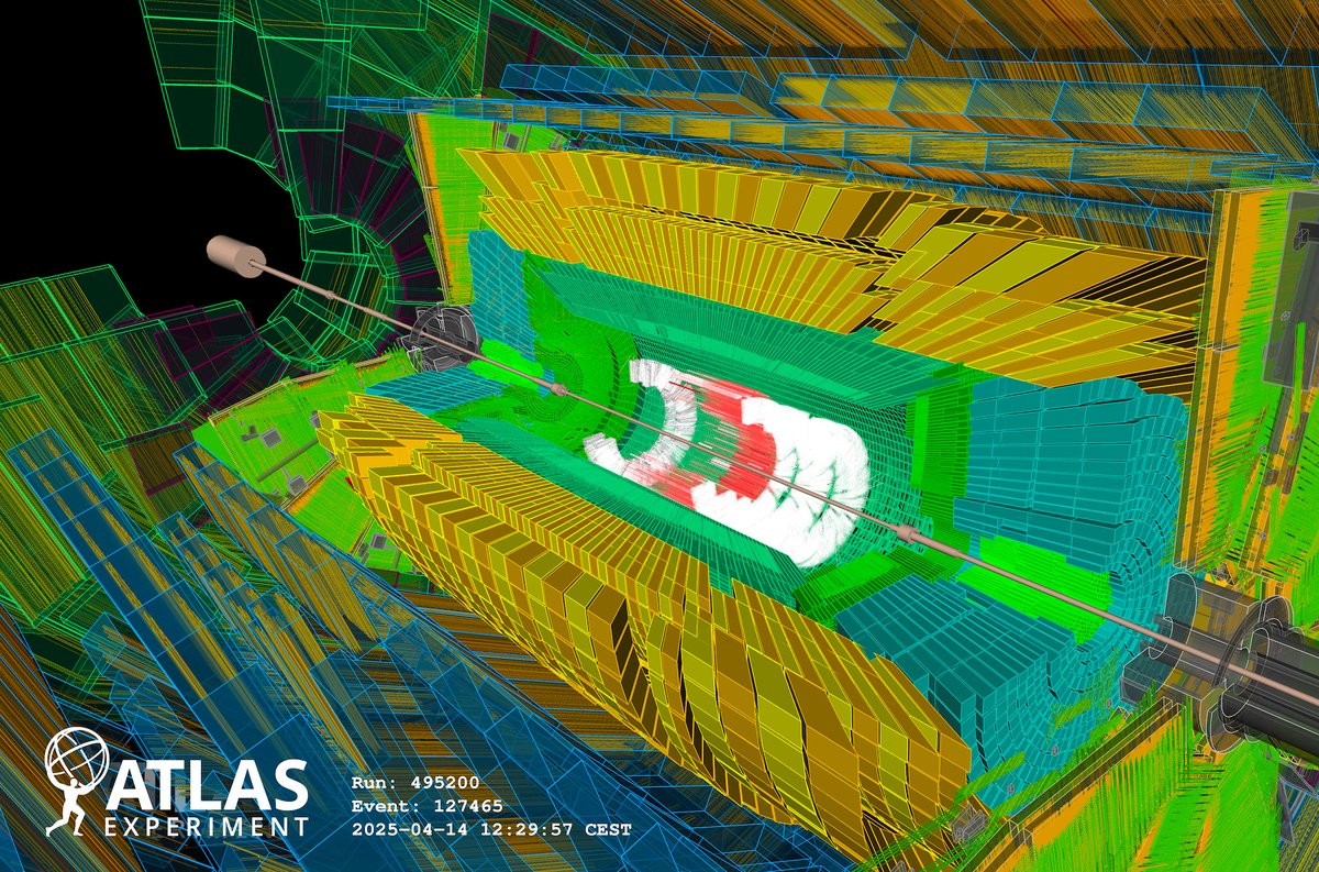 ATLASexperiment's tweet image. New ATLAS events just dropped! 🎇
Proton beams from the #LHC lit up the ATLAS experiment at @CERN today — and we’ve got the event displays to prove it. These dazzling "beam splashes" help us test and align our sub-detectors, setting the stage for data-taking.