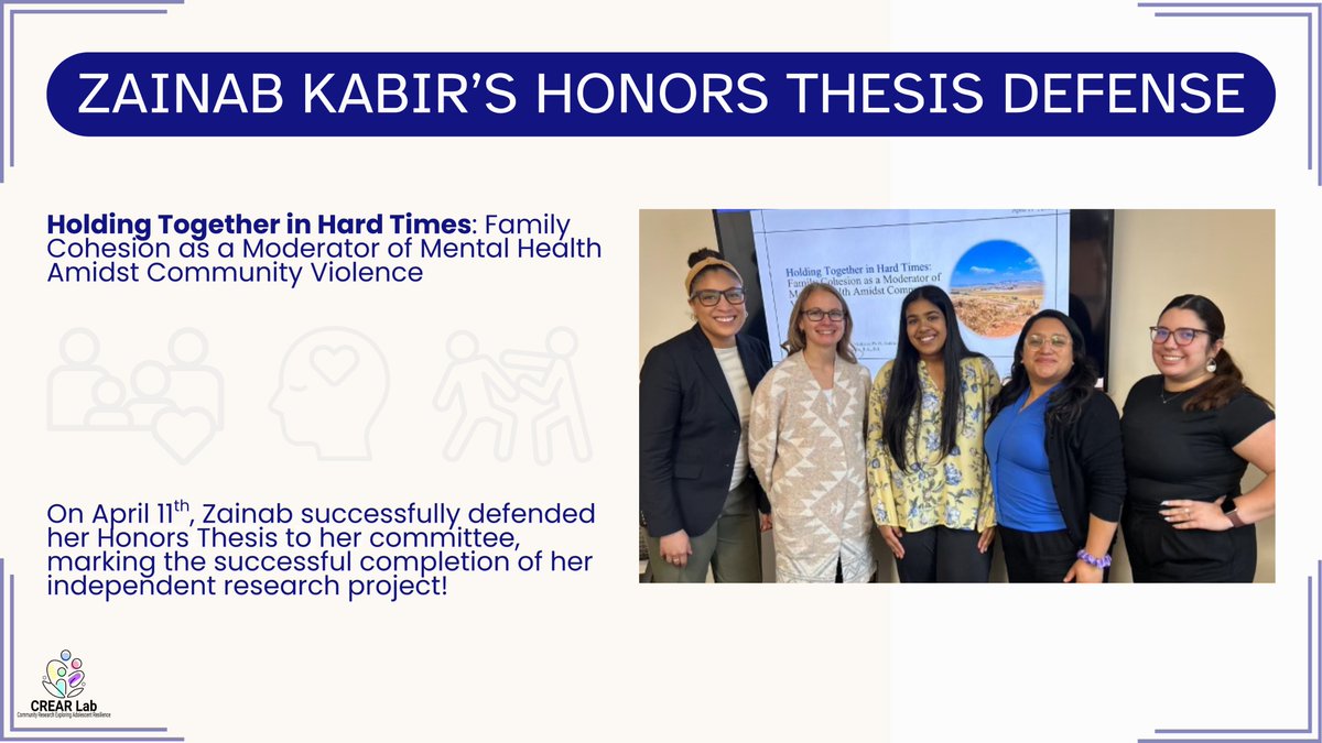 CREAR Lab (@labcrear) on Twitter photo Congrats to <a href="/ZainabKa1bir/">Zainab Kabir</a> on her successful Honors Thesis defense! Her study explored how family cohesion moderates mental health outcomes following community violence exposure among rural Mexican adults -an important contribution to an understudied area! Amazing job, Z! 🎊 Congrats to <a href="/ZainabKa1bir/">Zainab Kabir</a> on her successful Honors Thesis defense! Her study explored how family cohesion moderates mental health outcomes following community violence exposure among rural Mexican adults -an important contribution to an understudied area! Amazing job, Z! 🎊