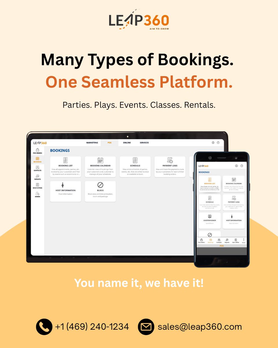 Leap360CRM's tweet image. One platform. All your bookings streamlined.

Parties  
Open Play  
Events &amp;amp; Classes  
Rentals  

LEAP360 makes it seamless to schedule, manage &amp;amp; grow. Book demo leap360.com/demo

#bookingsoftware #eventmanagement #indoorplayarea #businessautomation #partybooking #LEAP360