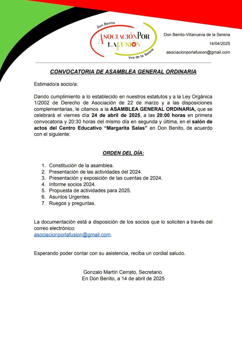 CONVOCATORIA DE ASAMBLEA GENERAL ORDINARIA 2025.
🗓 Jueves 24 de abril.
📍Salón de Actos del Centro Educativo "Margarita Salas" de Don Benito.
⏰ 1ª Convocatoria a las 20:00h y en 2ª a las 20:30h
⚠ Les recordamos que para poder acceder a la misma, debe ser socio de la asociación