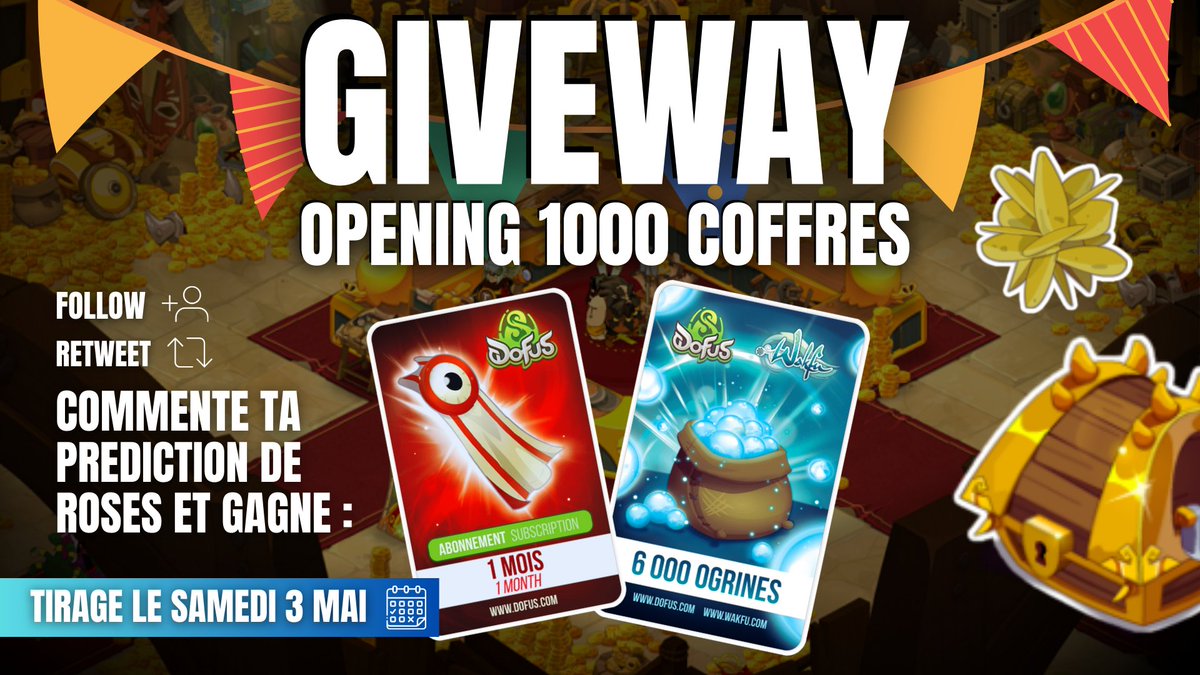 🎁GIVEAWAY🎁 

Pour célébrer l'opening des 1000 coffres qui se passera en Stream (twitch.tv/ryuqing) j'organise un concours avec 2 gagnants.

✅Follow <a href="/Ryuqing_/">Ryuqing</a> 
🔁Retweet 
📝Commente ta prédiction de roses
📅Vérification des gagnants le 3 Mai

Bonne chance à tous ! #DOFUS