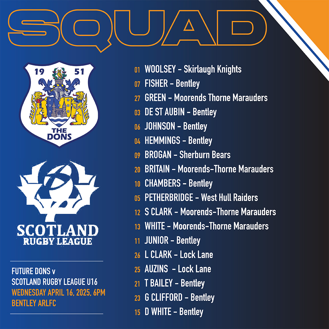 Doncaster RLFC (@doncaster_rlfc) on Twitter photo 🔢 Future Dons squad announcement.
Head of development, Andy Castle has named his Future Dons squad to face <a href="/scotlandrl/">Scotland Rugby League 🏴</a> U16's <a href="/BentleyARLFC/">BentleyARLFC</a> this Wednesday (April 16), 6pm kick-off.
Make sure you get along to watch the future of the Dons in action
🔵 #COYD 🟠 🔢 Future Dons squad announcement.
Head of development, Andy Castle has named his Future Dons squad to face <a href="/scotlandrl/">Scotland Rugby League 🏴</a> U16's <a href="/BentleyARLFC/">BentleyARLFC</a> this Wednesday (April 16), 6pm kick-off.
Make sure you get along to watch the future of the Dons in action
🔵 #COYD 🟠