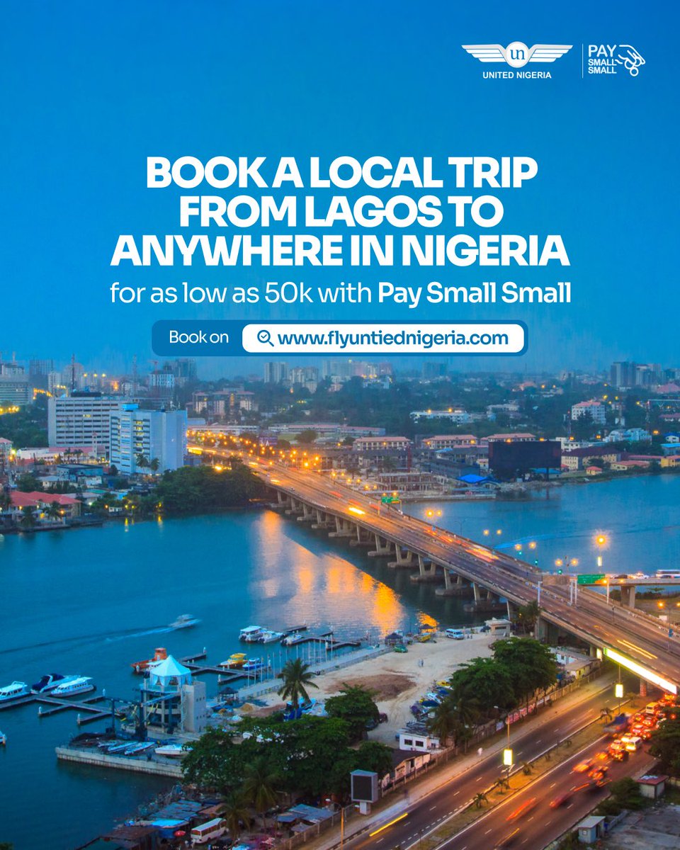 Kalabash54's tweet image. Lockdown a local trip from Lagos to anywhere in Nigeria for as low as 50k with Pay Small Small and spread the rest between 24 hours to 6 months.
Book Now on flyunitednigeria.com.
#booknow #unitednigeriaairlines #kalabash #paysmallsmall