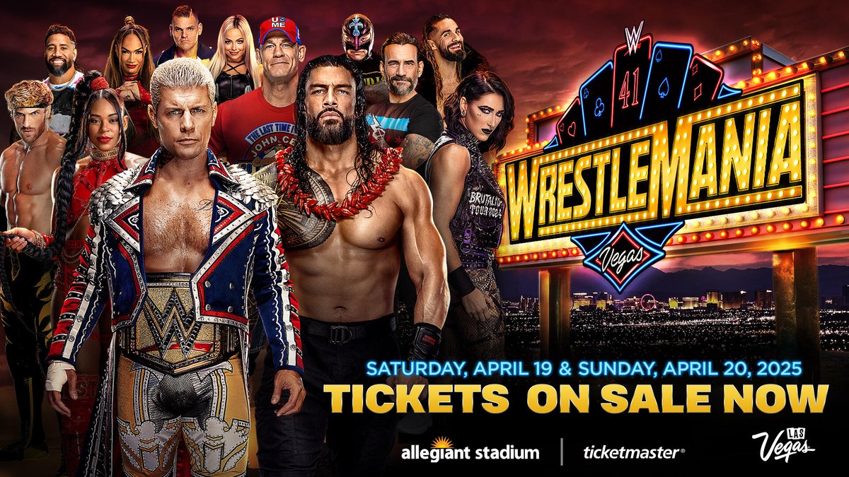 FunThingsUSA's tweet photo. #WWE #WrestleMania in Las Vegas!
#CodyRhodes vs #JohnCena
#RomanReigns vs #CMPunk vs #SethRollins
#IYOSKY vs #BiancaBelair vs #RheaRipley
#Gunther vs #JeyUso 
#TiffanyStratton vs #CharlotteFlair
Tickets Still Available: https://t.co/Aw5bbLpP2C #ProWrestling https://t.co/y4Mr6nuDa3