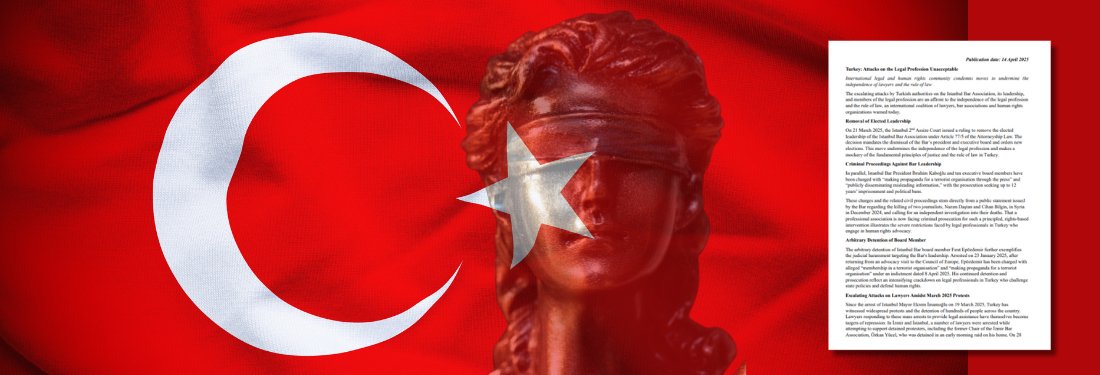 IBA's Human Rights Institute (@ibahri) on Twitter photo In a joint statement, the IBAHRI condemns escalating attacks by Turkish authorities on <a href="/istbarosu/">İstanbul Barosu</a> and members of the #legal profession in #Turkey, including the removal of elected Bar leaders and arrests of #lawyers supporting detained protestors.
Read: tinyurl.com/4429r9dj In a joint statement, the IBAHRI condemns escalating attacks by Turkish authorities on <a href="/istbarosu/">İstanbul Barosu</a> and members of the #legal profession in #Turkey, including the removal of elected Bar leaders and arrests of #lawyers supporting detained protestors.
Read: tinyurl.com/4429r9dj