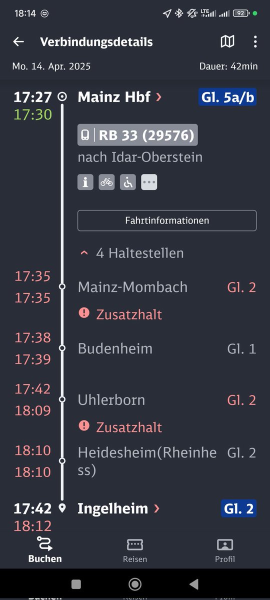 .<a href="/Regio_Mitte/">DB Regio AG - Mitte</a> Die Fahrt durchs Mittelrheintal, von #Mainz nach #Ingelheim ist eine Katastrophe. Da funktioniert nix, nicht Mal die Anzeige Bahn.de .
#MainzMombach und #Uhlerborn wurde versehentlich nicht angefahren.
In #Heidesheim sind wir eben 18:16 angekommen