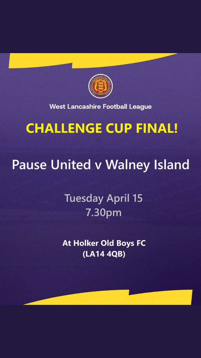 Tomorrow the First team sponsored by <a href="/voneusbroadband/">Voneus</a> face champions elect Pause under the floodlights <a href="/HOBAFC/">Holker Old Boys</a> in the Challenge Cup Final
Please note there is a gate charge (£6 or £3 for concessions)
All support welcomed 💛💙
#vls
