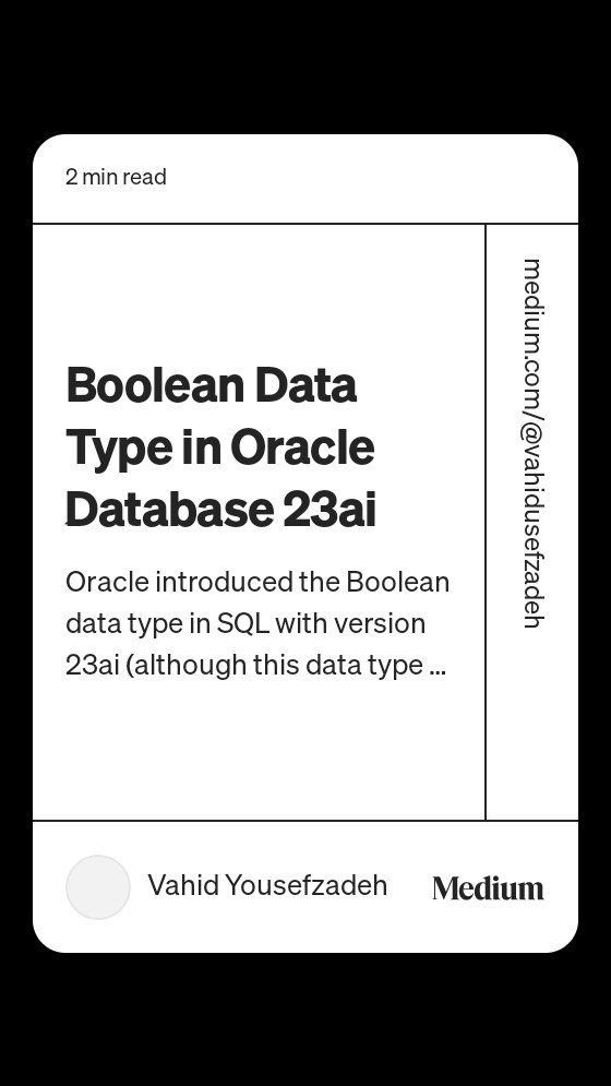 Read “Boolean Data Type in Oracle ِDatabase 23ai“ by Vahid Yousefzadeh on Medium: medium.com/@vahidusefzade…