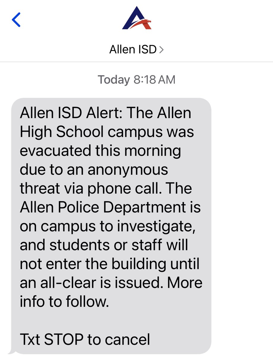 Hey <a href="/Allen_ISD/">Allen ISD</a>, do you have any further updates on this morning's threat? Did the <a href="/Allen_Police/">Allen Police Department</a> do a walk-through, or at least have the dogs sniff through the building? How was the threat determined to be "non credible?"