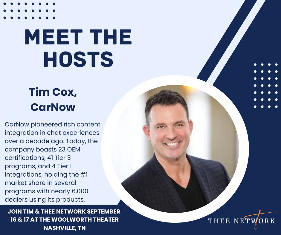 CarNow’s Tim Cox is speaking at THEE Network! 🎤

Big insights, bold ideas—don’t miss it.

🔗 hubs.ly/Q03hdDpj0

#CarNow #TimCox #THEENetwork #AutoIndustry