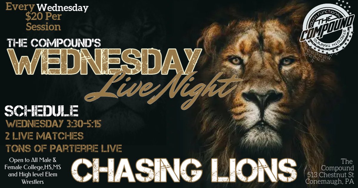 Wednesday Night Live is back!
For serious wrestlers: College, HS, &amp; upper MS/Elem.
Two full matches + tons of live Par Terre.

Every Wednesday
3:30–5:15 PM | $20/session