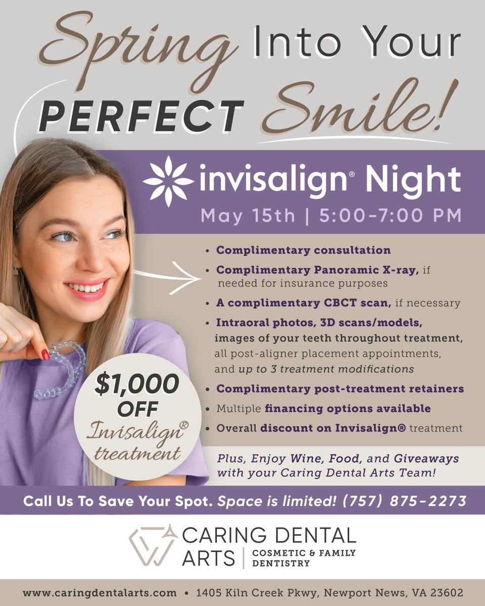 CaringDentalArt's tweet image. Spring Into Your Perfect Smile at Invisalign® Night! 🌸

Join us May 15th for an exclusive event.
✨ Spots are limited—call now to reserve yours! 📞 (757) 875-2273

#InvisalignNight #SpringSmiles #Invisalign #NewportNewsVA