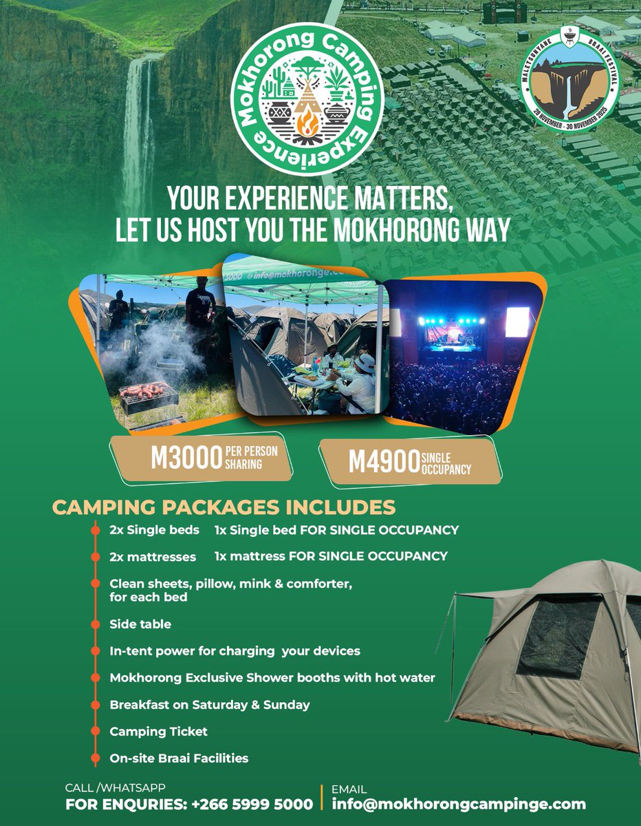 LIMITED SPACE NOW AVAILABLE
FOR THE 2025 MALETSUNYANE BRAAI FESTIVAL

Worry about your transport, mood, stalls fund, event ticket, etc, while we handle your camping stay. See our current packages. 

#MokhorongCampingExperience 
#MaletsunyaneBraaiFestival
#MokhorongCampEx