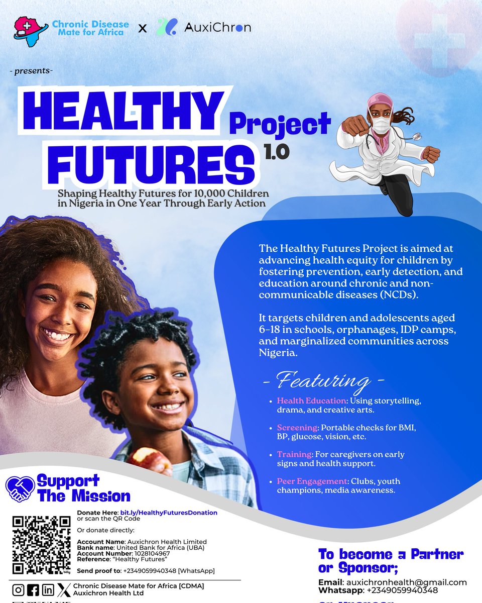 CHRONmate's tweet photo. We’re shaping 10,000 Healthy Futures across Nigeria! 🌐
Join us to empower children through health education, screening &amp; early care.

Partner. Sponsor. Donate. 
https://t.co/R8S5aK2MzS

#HealthyFutures #ChildHealth #AuxichronHealth #CDMA https://t.co/jsmzJaDHMd