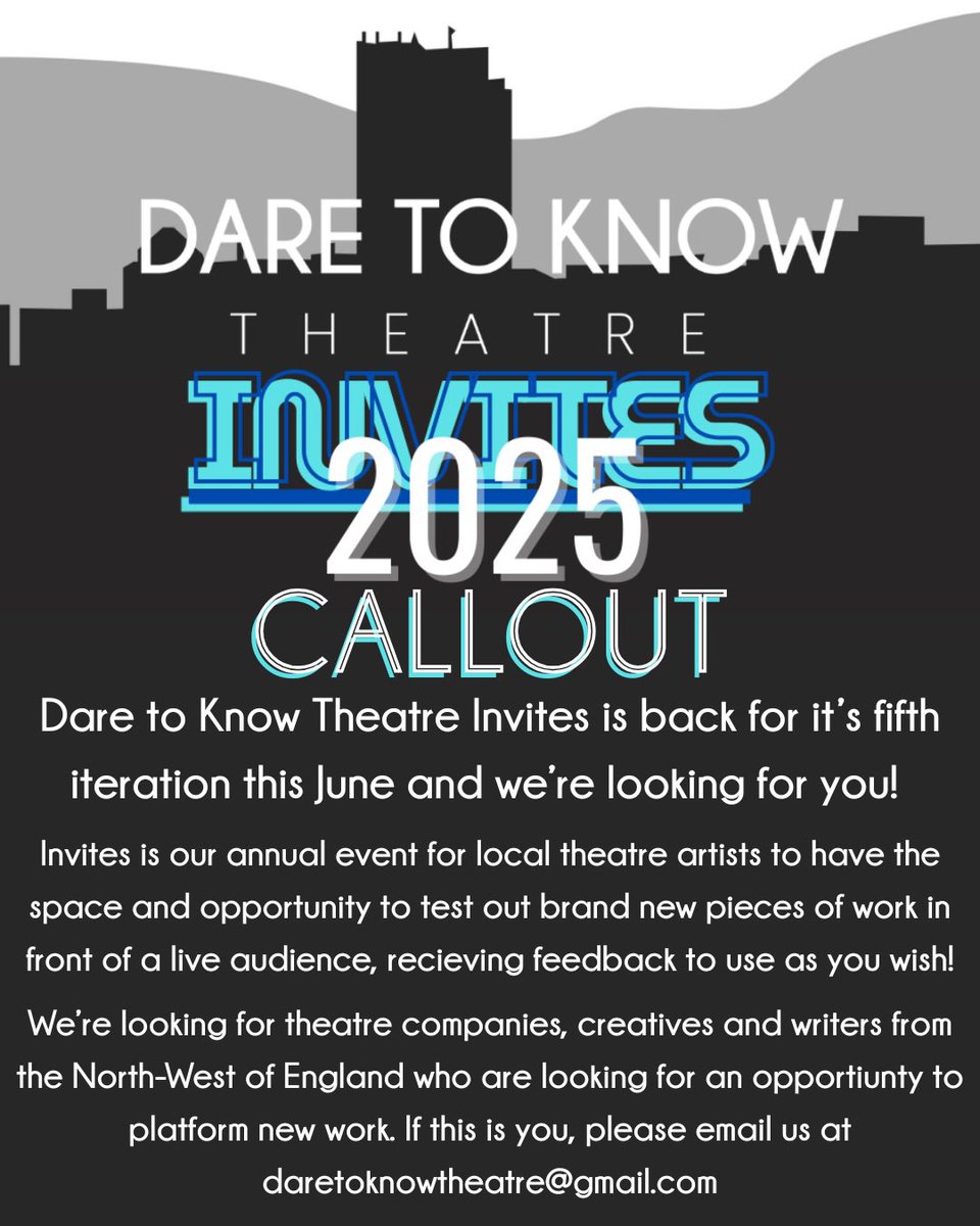 Dare to Know Theatre (@daretoknowtc) on Twitter photo Are you a writer, theatre-maker or creative in the North-West looking to test out some new work?
Apply for Invites 2025 now 🖤🤍
Email daretoknowtheatre@gmail.com with a little information about yourself and an example/description of the work you would like to submit! Are you a writer, theatre-maker or creative in the North-West looking to test out some new work?
Apply for Invites 2025 now 🖤🤍
Email daretoknowtheatre@gmail.com with a little information about yourself and an example/description of the work you would like to submit!