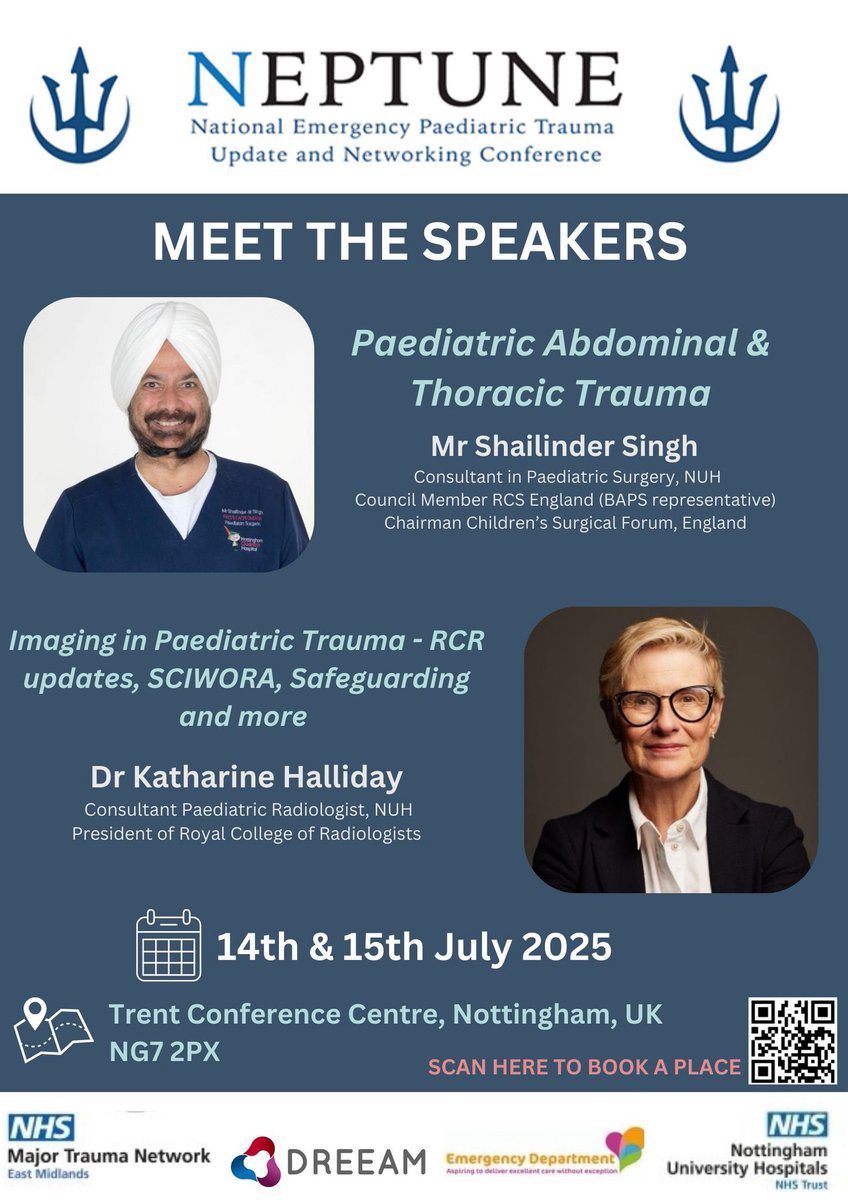 🚨Meet the Speakers 🚨

Chairman of the Children’s surgical forum, Mr Singh, giving us insight into abdominal &amp; thoracic trauma

AND

President of the Royal College of Radiologists, Dr Halliday, giving us the latest updates in trauma radiology!

#NEPTUNE25