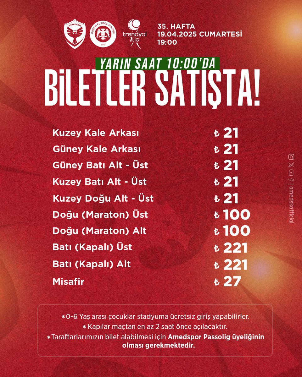 Cumartesi akşamı oynacağımız Çorum FK maçının biletleri yarın sabah 10.00’da satışta!
Haydi büyük Amedspor taraftarı, hep birlikte stada! 🤜🏻🤛🏻
