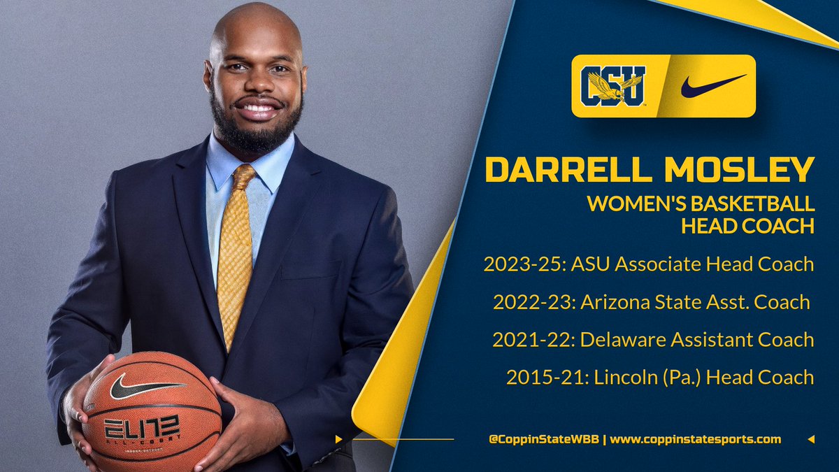 Coppin Sports (@coppinsports) on Twitter photo 🚨 BREAKING: Darrell Mosley has been named Head Coach of <a href="/CoppinStateWBB/">Coppin State Women's Basketball</a> 🦅 Mosley served most recently at Arizona State as Associate HC & led Lincoln (PA) to 82 wins & a CIAA Coach of the Year honor in 5 seasons.💙💛 #AyeCoppin
shorturl.at/JISzl 🚨 BREAKING: Darrell Mosley has been named Head Coach of <a href="/CoppinStateWBB/">Coppin State Women's Basketball</a> 🦅 Mosley served most recently at Arizona State as Associate HC & led Lincoln (PA) to 82 wins & a CIAA Coach of the Year honor in 5 seasons.💙💛 #AyeCoppin
shorturl.at/JISzl