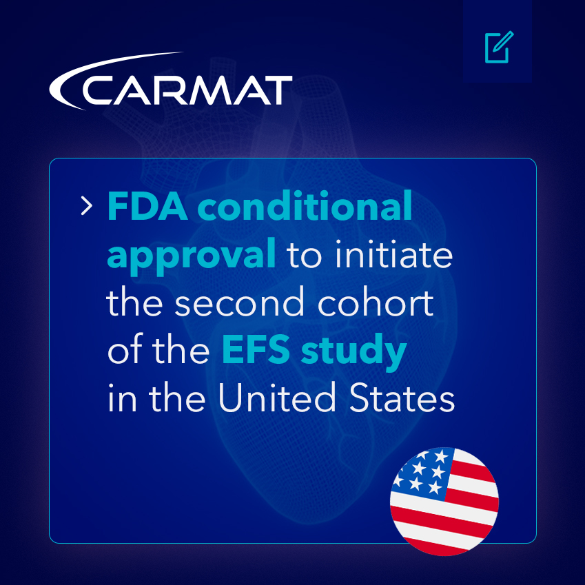 Carmat_SA's tweet photo. GOOD NEWS 💙 

We are very honored to announce the FDA conditional approval to initiate the second cohort of the EFS study with Aeson® artificial heart in the United States 🇺🇸✅ 

This second part of the EFS study represents an important step in the Company’s US market access strategy, the United States being the largest market in the world in the field of implantable cardiac devices.  

➡️ The study’s primary endpoint is patient survival at 6 months post-Aeson® implant, or a successful transplant within this timeframe.  

🔜 Initiation of the second cohort of 7 patients expected in H2 2025.  

$ALCAR #Carmat #Aeson #ArtificialHeat #Cardiology #FDA