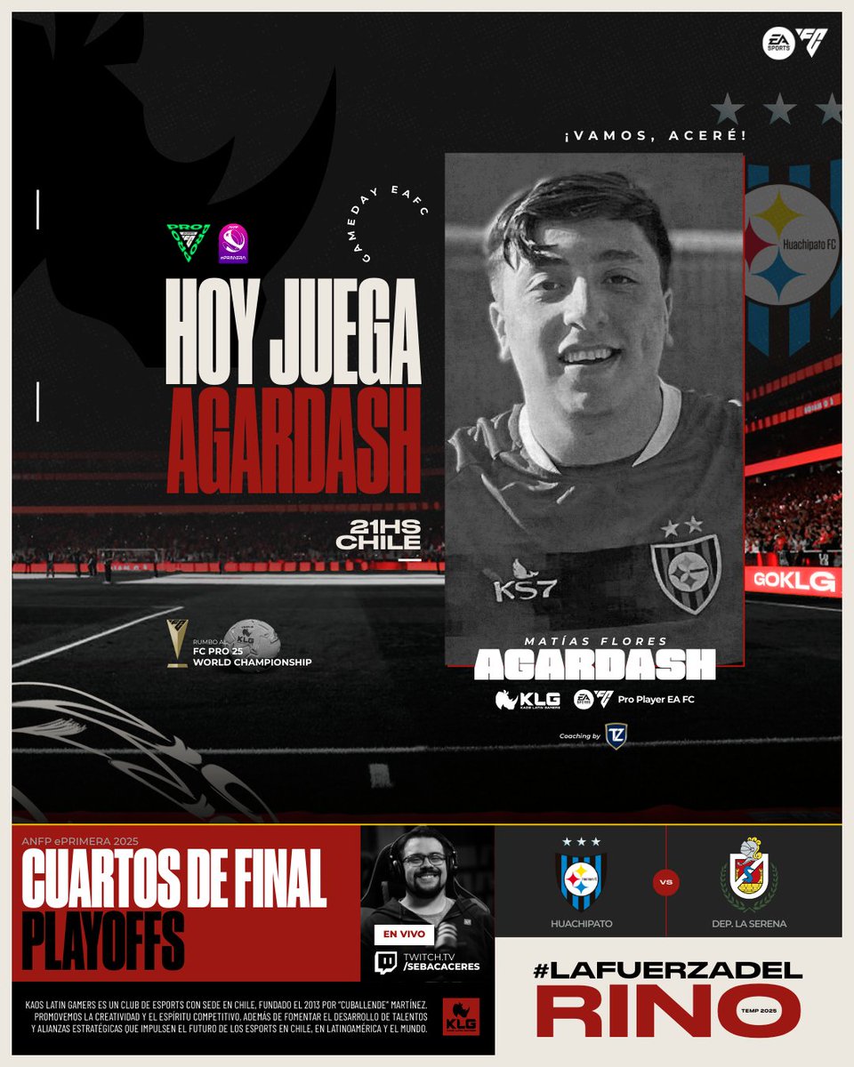 Kaos Latin Gamers (@kaoslatingamers) on Twitter photo POR EL SUEÑO MUNDIALISTA 🌍🔥
<a href="/agardash_/">agardash🇨🇱</a> se juega el TODO por el TODO en los cuartos de final de la <a href="/ePrimeracl/">ANFP ePrimera</a> ⚽ representando a @huachipato 💙🖤
📅 Lunes 14 de abril | 21h 🇨🇱
🎙️ Co-stream: <a href="/sebacaceres/">Seba Cáceres</a> x twitch.tv/sebacaceres
🆚 Deportes La Serena <a href="/GuilleM_14_/">Guillermo Maluenda</a>
🧠 Coaching POR EL SUEÑO MUNDIALISTA 🌍🔥
<a href="/agardash_/">agardash🇨🇱</a> se juega el TODO por el TODO en los cuartos de final de la <a href="/ePrimeracl/">ANFP ePrimera</a> ⚽ representando a @huachipato 💙🖤
📅 Lunes 14 de abril | 21h 🇨🇱
🎙️ Co-stream: <a href="/sebacaceres/">Seba Cáceres</a> x twitch.tv/sebacaceres
🆚 Deportes La Serena <a href="/GuilleM_14_/">Guillermo Maluenda</a>
🧠 Coaching