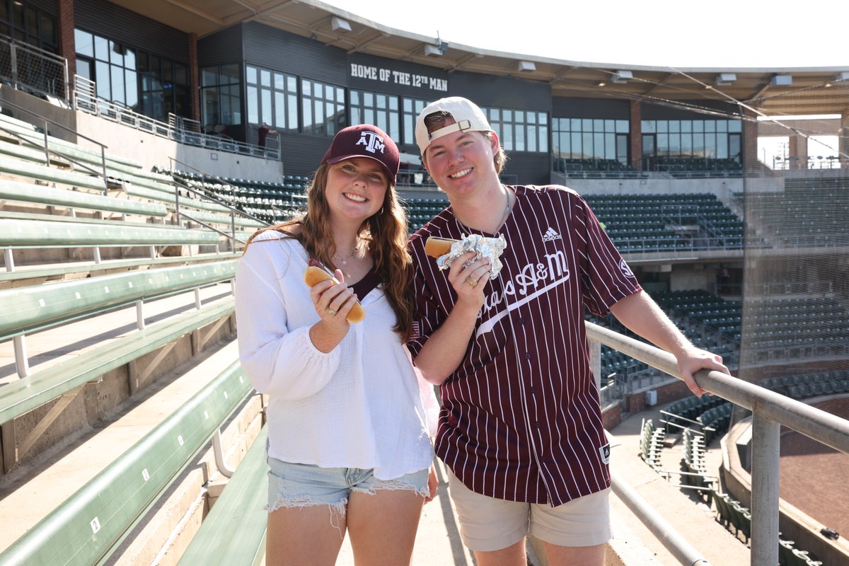 12thMan's tweet photo. 🎉 STUDENT PERK ALERT! 🎉

 Be one of the first 100 students at tomorrow’s baseball game (4/15) and score a FREE hot dog! 🌭
Just show your student ID at Guest Services.

#GigEm