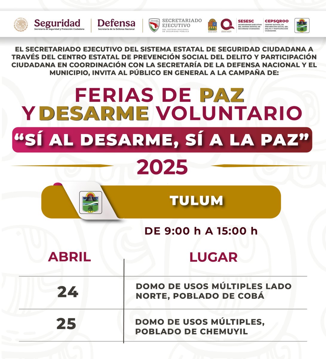 ¡Atenta Invitación! 📷
Participa en las ''𝐅𝐞𝐫𝐢𝐚𝐬 𝐝𝐞 𝐏𝐚𝐳 𝐲 𝐃𝐞𝐬𝐚𝐫𝐦𝐞 𝐕𝐨𝐥𝐮𝐧𝐭𝐚𝐫𝐢𝐨, 𝑺𝒊́ 𝒂𝒍 𝑫𝒆𝒔𝒂𝒓𝒎𝒆, 𝑺𝒊́ 𝒂 𝒍𝒂 𝑷𝒂𝒛''📷, en el municipio de Tulum, este 24 y 25 de abril.
