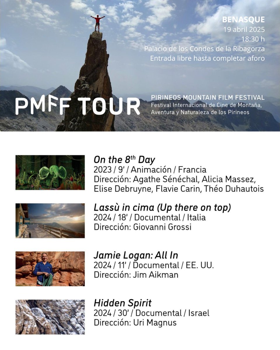 🎬 Siguiente parada del Tour #PirineosMFF: Benasque

🗓️ 18 abril – 18:30 h: Ferran Latorre, más allá de los 8000
🗓️ 19 abril – 18:30 h: Sesión Oficial del TOUR PMFF
📍 Auditorio Palacio Condes de Ribagorza
🎟 Entrada libre