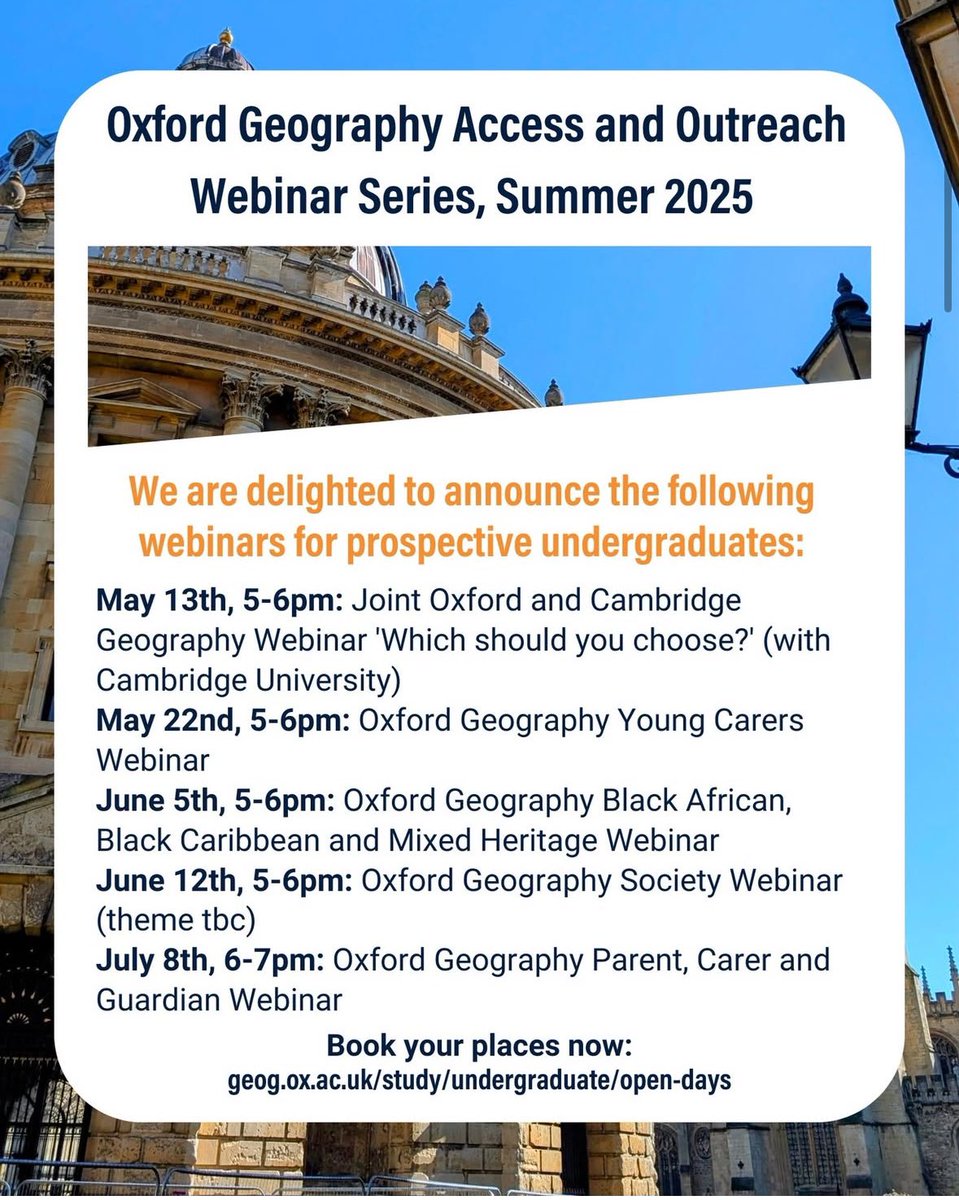 Super excited to be taking the lead on the <a href="/oxfordgeography/">SoGE, University of Oxford</a> session on the 5th June for prospective Geography students of Black Heritage. Outreach sessions like this were so important to me (Very full circle haha)! 

Students can sign up here! geog.ox.ac.uk/study/undergra…